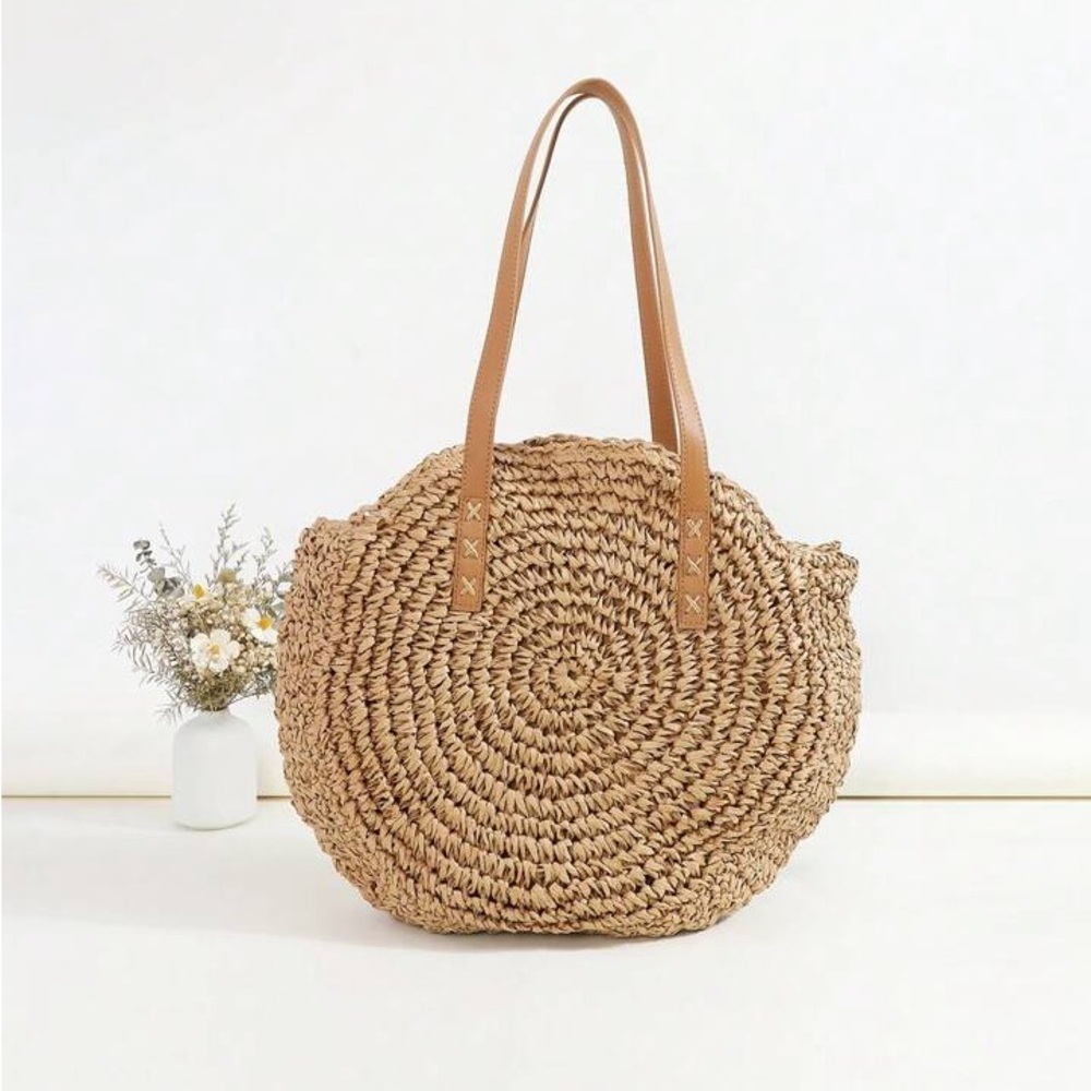 WOVEN STRAW Round Jute Tote Shoulder Bag
Tan